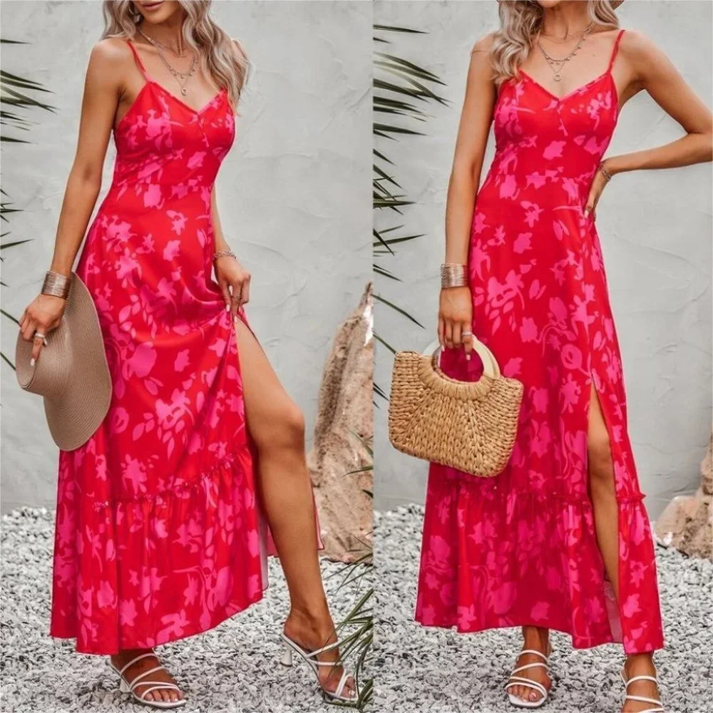 Floral Maxi Dress Red Pink - Picture 1 of 8